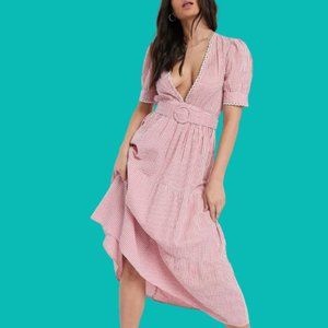 Neon Rose pink gingham midaxi dress with plunge front and lace Size Large NWOT